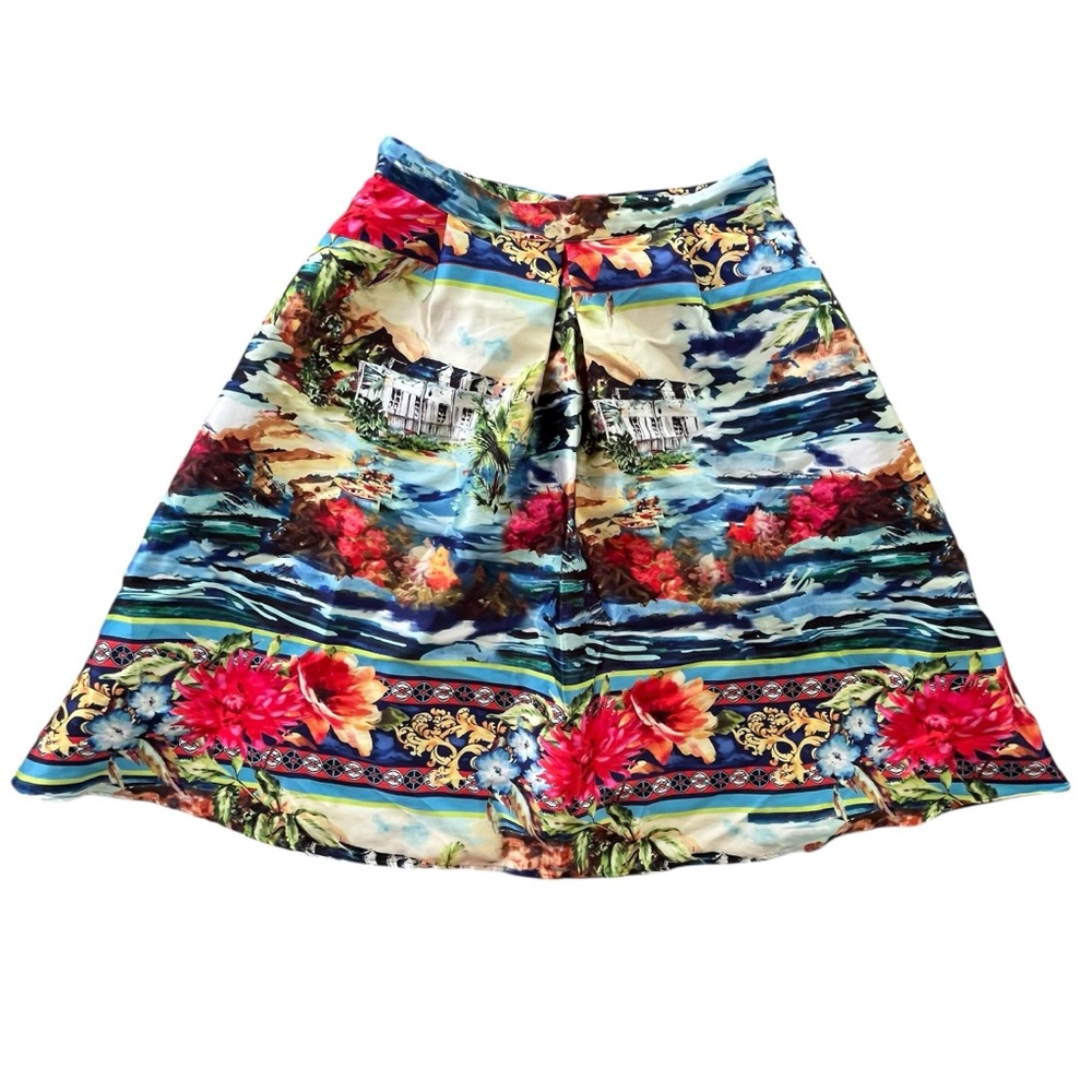 Truly 4 You Womens L Multicolor Tropical Coastal Painted A-line Structured Skirt